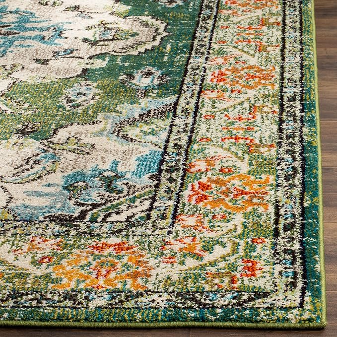SAFAVIEH Monaco Collection Runner Rug - 2'2" x 18', Forest Green & Light Blue, Medallion Distressed Design, Non-Shedding & Easy Care, Ideal for High Traffic Areas in Living Room, Bedroom (MNC243F)
