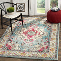 SAFAVIEH Monaco Collection Area Rug - 5'1" x 7'7", Light Blue & Fuchsia, Boho Chic Medallion Distressed Design, Non-Shedding & Easy Care, Ideal for High Traffic Areas in Living Room, Bedroom (MNC243J)