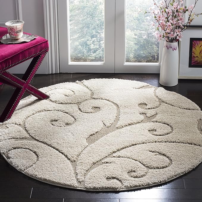 SAFAVIEH Florida Shag Collection Area Rug - 3'3" Round, Cream & Beige, Scroll Design, Non-Shedding & Easy Care, 1.2-inch Thick Ideal for High Traffic Areas in Living Room, Bedroom (SG455-1113)