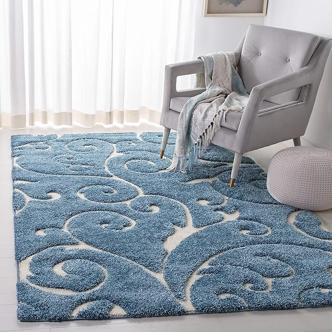 SAFAVIEH Florida Shag Collection Accent Rug - 4' x 6', Light Blue & Cream, Scroll, Non-Shedding & Easy Care, 1.2-inch Thick Ideal for High Traffic Areas in Entryway, Living Room, Bedroom (SG455-6011)
