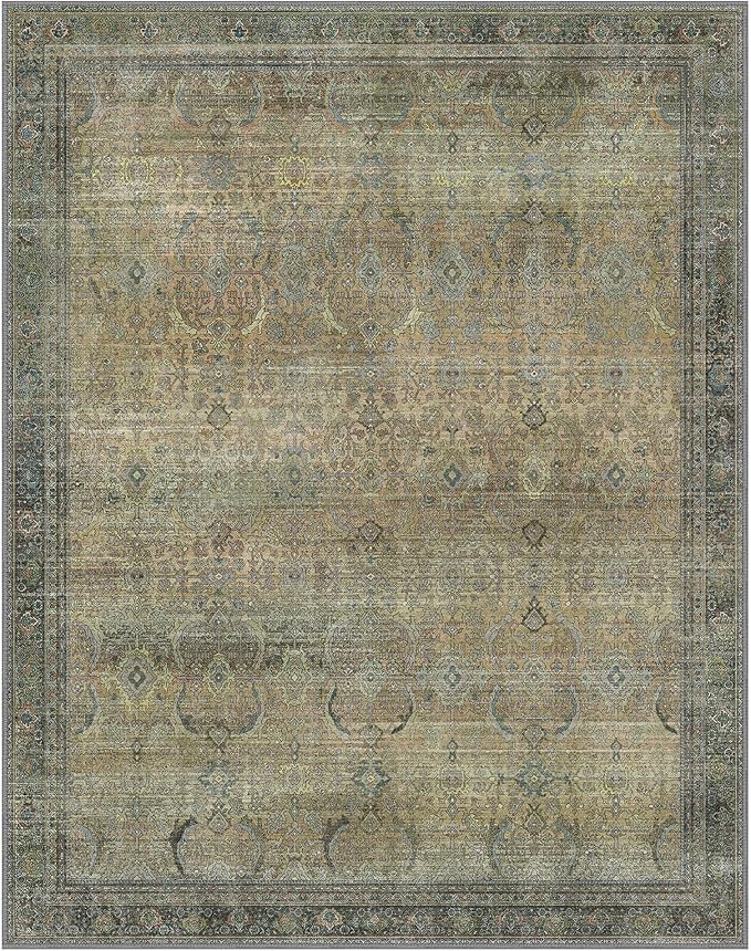 9X12 Area Rugs Machine Washable Rugs for Living Room, Vintage Boho Large Rugs for Bedroom Dining Room, Non Slip Indoor Soft Distressed Lightweight Thin Low Pile Carpet, Vintage Sunset