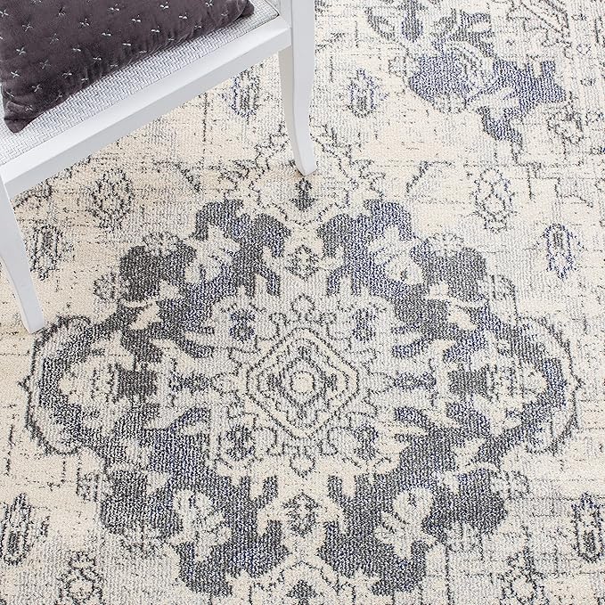 SAFAVIEH Monaco Collection Area Rug - 6'7" x 9'2", Ivory & Grey, Boho Chic Medallion Distressed Design, Non-Shedding & Easy Care, Ideal for High Traffic Areas in Living Room, Bedroom (MNC243B)