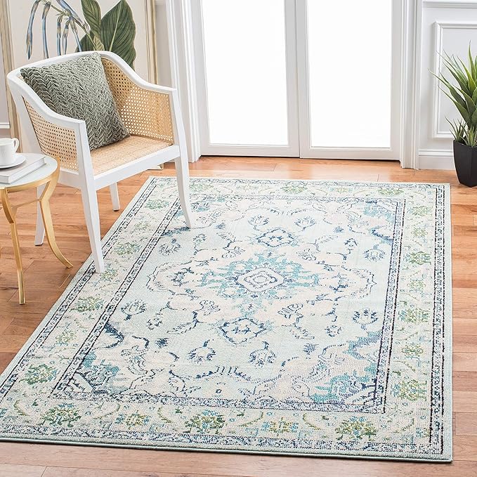 SAFAVIEH Monaco Collection Accent Rug - 4' x 5'7", Light Blue & Ivory, Medallion Distressed Design, Non-Shedding & Easy Care, Ideal for High Traffic Areas in Entryway, Living Room, Bedroom (MNC243K)