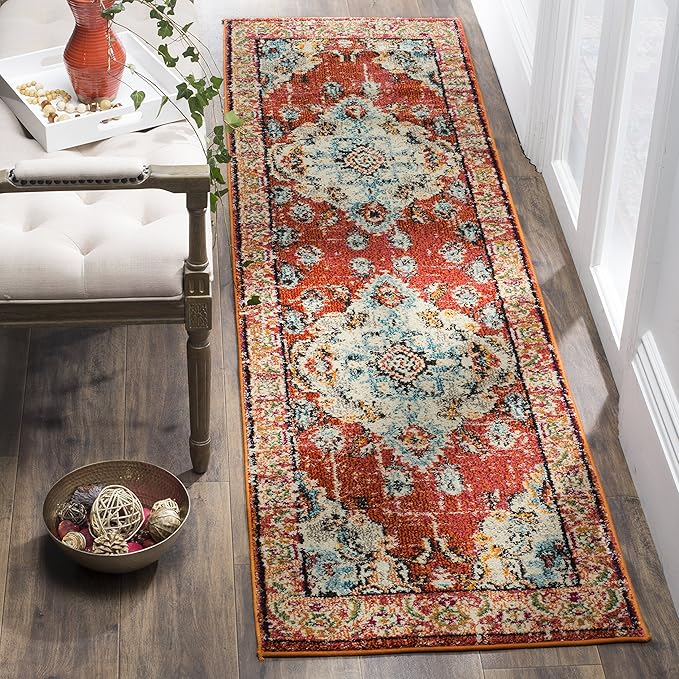 SAFAVIEH Monaco Collection Runner Rug - 2'2" x 18', Orange & Light Blue, Boho Chic Medallion Distressed Design, Non-Shedding & Easy Care, Ideal for High Traffic Areas in Living Room, Bedroom (MNC243H)