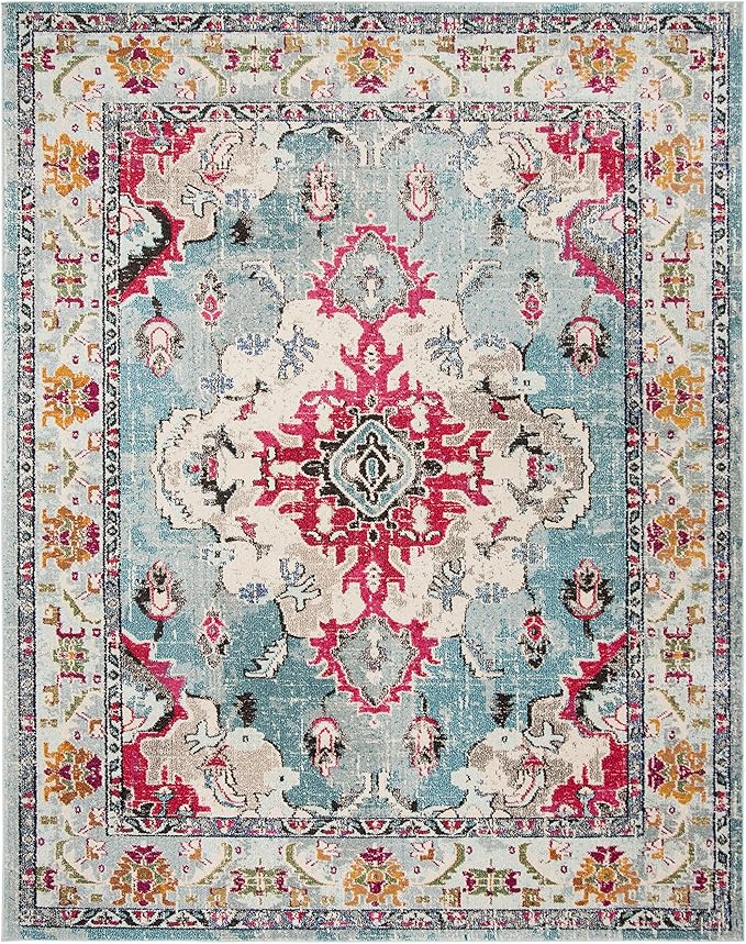 SAFAVIEH Monaco Collection Area Rug - 6'7" x 9'2", Light Blue & Fuchsia, Boho Chic Medallion Distressed Design, Non-Shedding & Easy Care, Ideal for High Traffic Areas in Living Room, Bedroom (MNC243J)