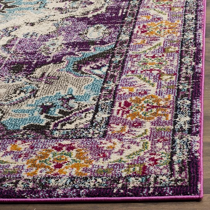 SAFAVIEH Monaco Collection Area Rug - 5' Square, Violet & Light Blue, Boho Chic Medallion Distressed Design, Non-Shedding & Easy Care, Ideal for High Traffic Areas in Living Room, Bedroom (MNC243L)