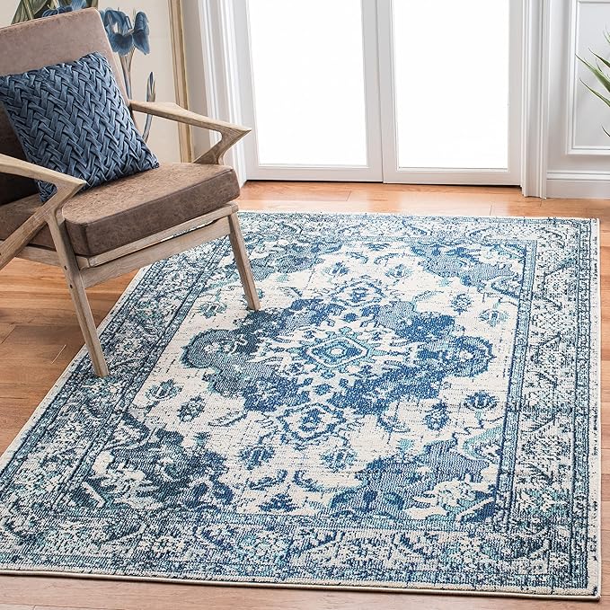 SAFAVIEH Monaco Collection Area Rug - 8' x 10', Ivory & Blue, Boho Chic Medallion Distressed Design, Non-Shedding & Easy Care, Ideal for High Traffic Areas in Living Room, Bedroom (MNC243A)