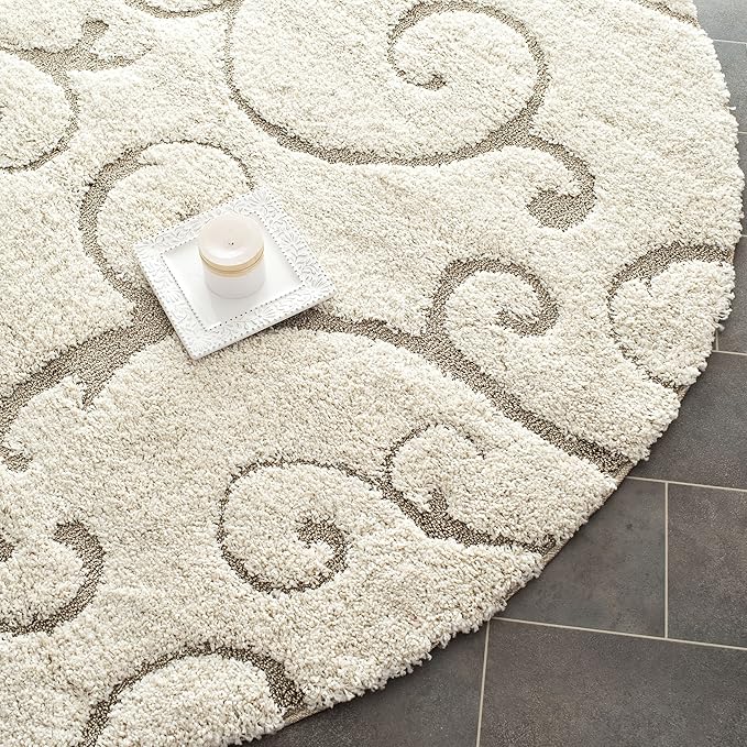 SAFAVIEH Florida Shag Collection Area Rug - 5' Round, Cream & Beige, Scroll Design, Non-Shedding & Easy Care, 1.2-inch Thick Ideal for High Traffic Areas in Living Room, Bedroom (SG455-1113)