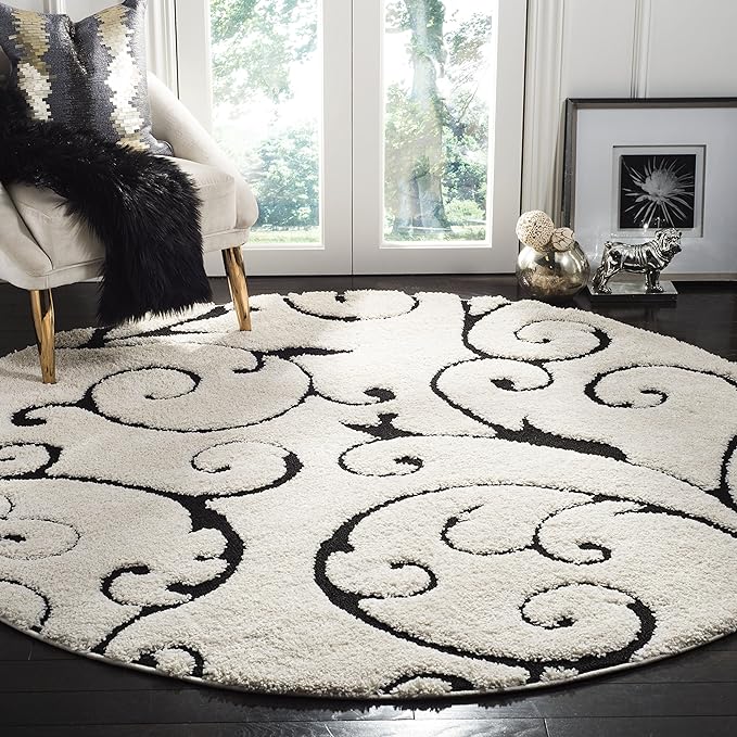 SAFAVIEH Florida Shag Collection Area Rug - 6'7" Round, Ivory & Black, Scroll Design, Non-Shedding & Easy Care, 1.2-inch Thick Ideal for High Traffic Areas in Living Room, Bedroom (SG455-1290)