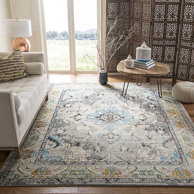 SAFAVIEH Monaco Collection X-Large Area Rug - 12' x 18', Grey & Light Blue, Medallion Distressed Design, Non-Shedding & Easy Care, Ideal for High Traffic Areas in Living Room, Bedroom (MNC243G)