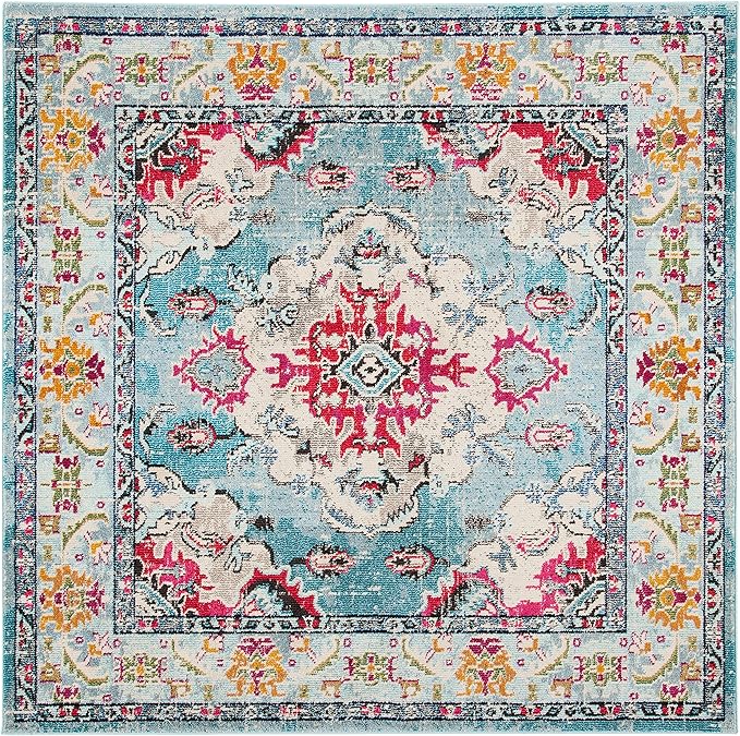 SAFAVIEH Monaco Collection Area Rug - 11' Square, Light Blue & Fuchsia, Boho Chic Medallion Distressed Design, Non-Shedding & Easy Care, Ideal for High Traffic Areas in Living Room, Bedroom (MNC243J)