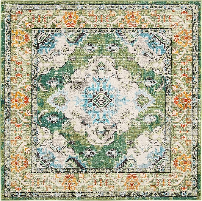 SAFAVIEH Monaco Collection Area Rug - 11' Square, Forest Green & Light Blue, Medallion Distressed Design, Non-Shedding & Easy Care, Ideal for High Traffic Areas in Living Room, Bedroom (MNC243F)