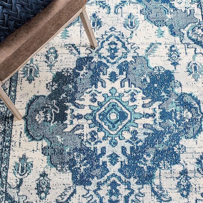 SAFAVIEH Monaco Collection Area Rug - 9' x 12', Ivory & Blue, Boho Chic Medallion Distressed Design, Non-Shedding & Easy Care, Ideal for High Traffic Areas in Living Room, Bedroom (MNC243A)