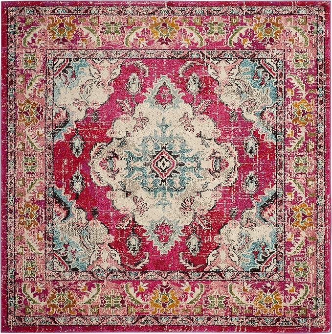 SAFAVIEH Monaco Collection Area Rug - 6'7" Square, Pink & Multi, Boho Chic Medallion Distressed Design, Non-Shedding & Easy Care, Ideal for High Traffic Areas in Living Room, Bedroom (MNC243D)